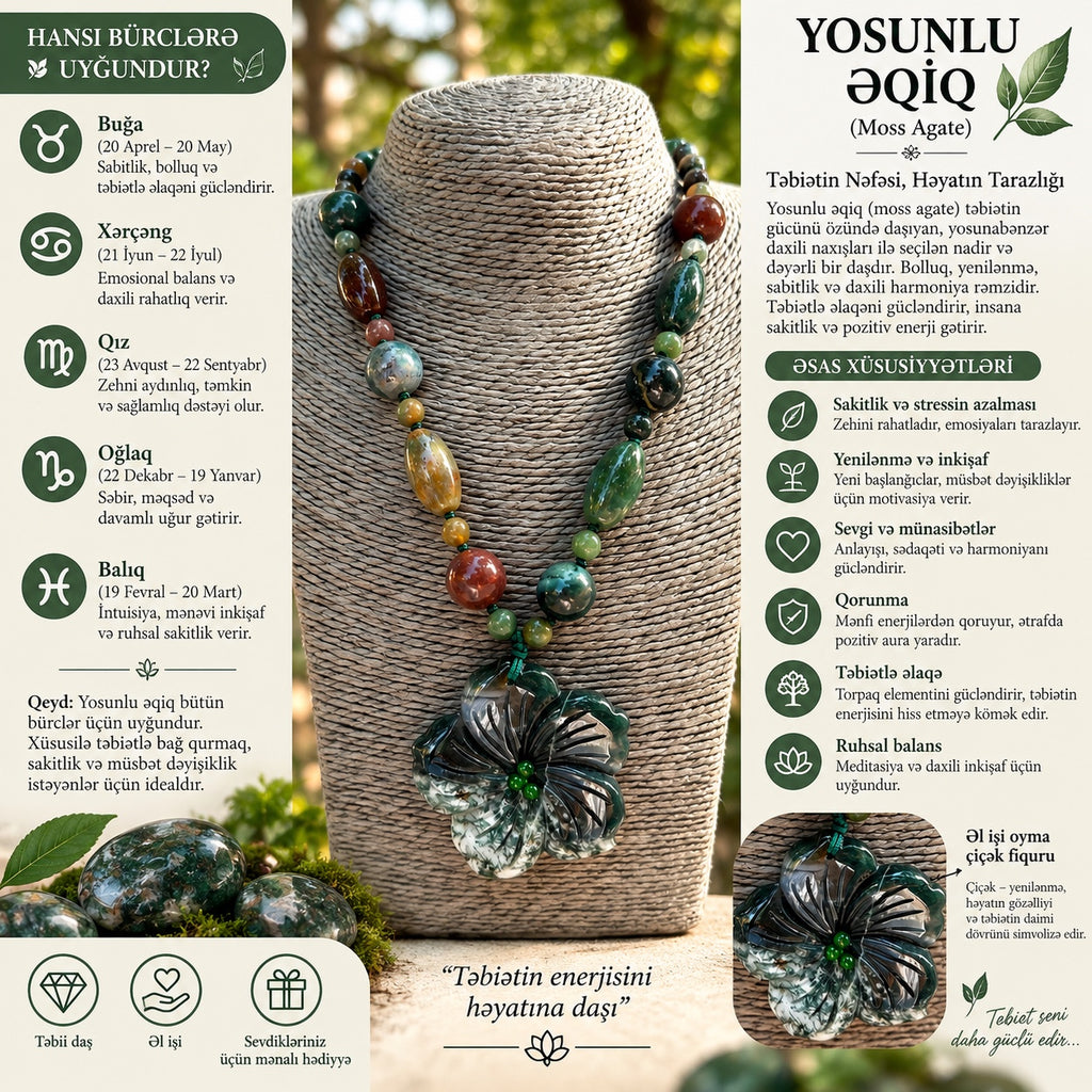 Yosunlu Əqiq Təbii Daş Boyunbağı