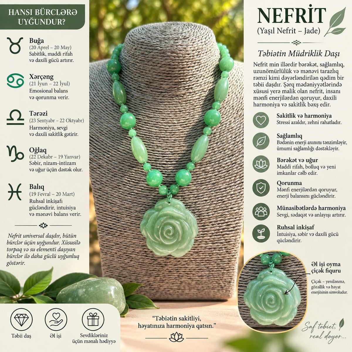 Nefrit Təbii Daş Boyunbağı