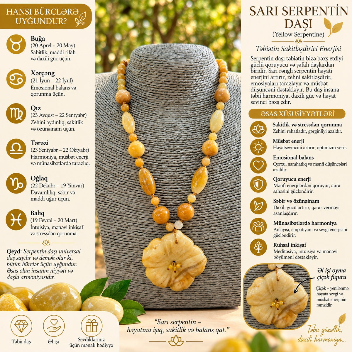 Sarı serpentin təbii daş xüsusiyyətləri