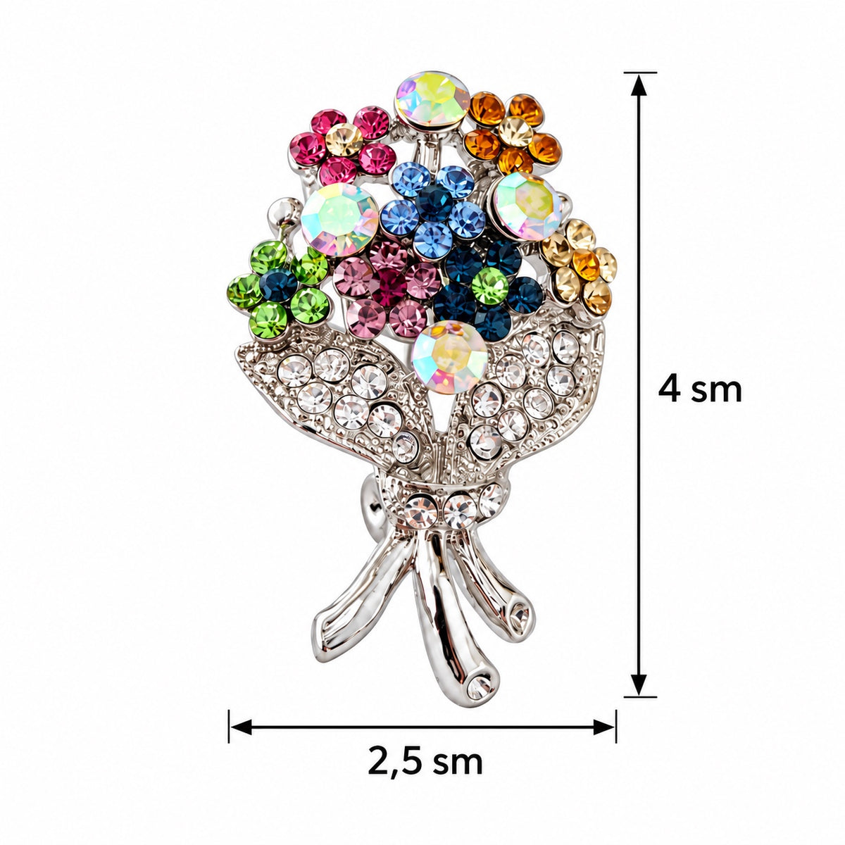 Rəngarəng daşlı buket formalı yaxa broşu, ölçü 2,5 x 4 sm