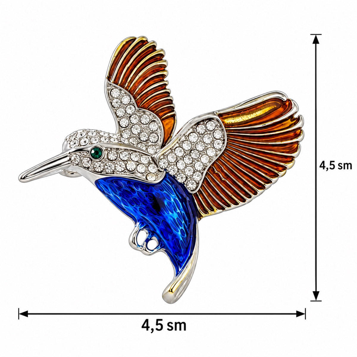 Mavi və qızılı quş broşu, 4,5 x 4,5 sm